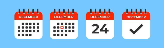 Calendar icon. December month, 24 day. Important date. Schedule done. Check mark graphic. Event day. Deadline time. Vector illustration.