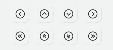 Arrow icon. Left, right, up, down signs. Forward in the square and circle symbol. Acceleration icons. Vector isolated sign.