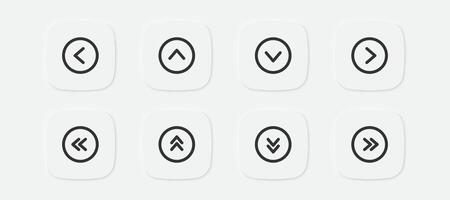 Arrow icon. Left, right, up, down signs. Forward in the square and circle symbol. Acceleration icons. Vector isolated sign.