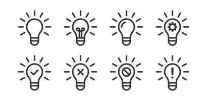 ligero bulbo icono. idea, creativo, innovación bulbo. eléctrico energía. brillante lámpara. bloquear, Cancelar, engranaje, cheque marca, exclamación marca señales. vector