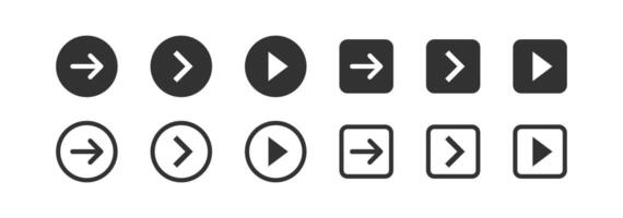 Arrow next icon. Button forward signs. Back symbol. Right direction symbols. More page icons. Navigation pointer. Vector isolated sign.