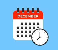 Calendar with clock icon. December month. Important date. Schedule done. Check mark graphic. Event day. Deadline time. Meeting day. Vector illustration.