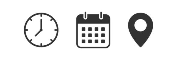 Time, date, location icon. Address event. Calendar, clock, geo pin symbol. Meeting information. Vector illustration.