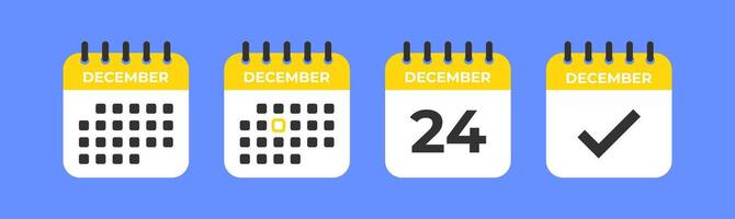 Calendar icon. December month, 24 day. Important date. Schedule done. Check mark graphic. Event day. Deadline time. Vector illustration.