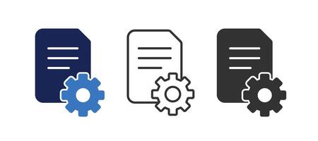 Document gear icon. Setting file symbol. Cogwheel project. Repair book. Plan management. Vector illustration.