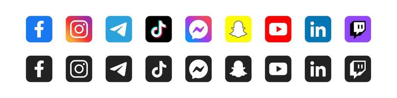 Social media logotype. Facebook, Instagram, Telegram, Linkedin, Tiktok, Messenger, Snapchat, Youtube, Twitch logo. Popular editorial app. vector