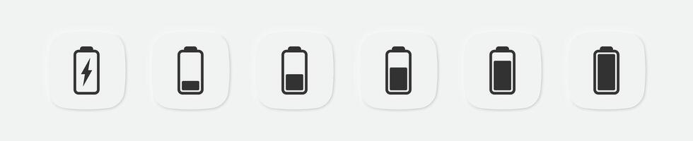 Battery icon. Power symbol. Energy signs. Charge symbols. Full, low, empty icons. Accumulator plus and minus. Vector isolated sign.