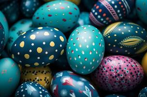 AI generated many colorful decorated easter eggs are sitting on a blue surface photo