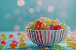 AI generated colorful candies and jellybeans on blue background photo