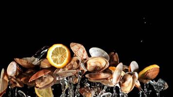 Fresh mussels with ice and lemons rise up and fall down. On a black background. Filmed on a high-speed camera at 1000 fps. video