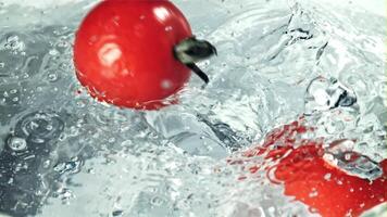 tomaten vallen in Doorzichtig water met spatten. macro achtergrond. gefilmd is langzaam beweging 1000 fps. hoog kwaliteit full HD beeldmateriaal video