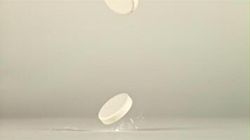 Tabletten fallen auf das Tisch. auf ein Weiß Hintergrund. gefilmt auf ein schnelle Geschwindigkeit Kamera beim 1000 fps. video