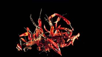 Pods of dried chili peppers fly up and fall down. On a black background. Filmed on a high-speed camera at 1000 fps. video