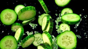 Pieces of fresh cucumber with splashes of water fly up and rotate in flight. On a black background. Top view. Filmed is slow motion 1000 fps. video