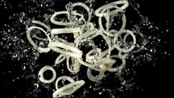 Rings of onions with splashes of water fly up and fall down. Top view. On a black background. Filmed is slow motion 1000 fps. video