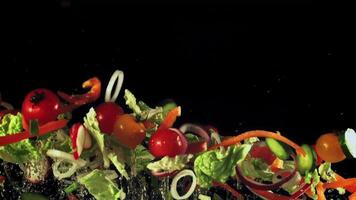 Sliced lettuce, onions, peppers and tomatoes soar up and fall. On a black background. Filmed on a high-speed camera at 1000 fps. video