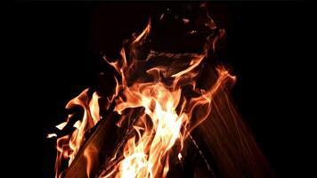 Firewood burns with bright flames. On a black background. Filmed is slow motion 1000 fps. video