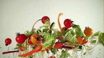 Pieces of chopped vegetables fly up and fall down. On a white background. Filmed on a high-speed camera at 1000 fps. video