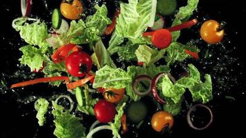 Chopped vegetables with drops of water fly up and fall down. Top view. On a black background. Filmed on a high-speed camera at 1000 fps. video