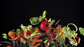 Sliced lettuce, onions, peppers and tomatoes soar up and fall. On a black background. Filmed on a high-speed camera at 1000 fps. video