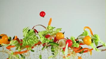 Pieces of chopped vegetables fly up and fall down. On a white background. Filmed on a high-speed camera at 1000 fps. video