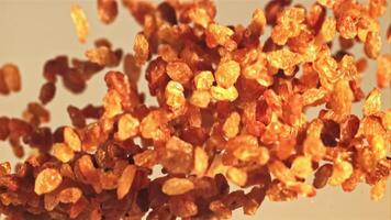 A pile of raisins soars up and falls down. On a gray background. Filmed is slow motion 1000 fps. video