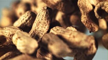 Peanuts in the shell fly up and fall down. On a blue background. Filmed is slow motion 1000 fps. video