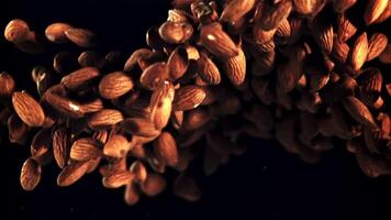 amandes aller en haut et automne. sur une noir Contexte. filmé est lent mouvement 1000 ips. video