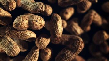 Peanuts in the shell fly up and rotate in flight. On a black background. Top view. Filmed is slow motion 1000 fps. video