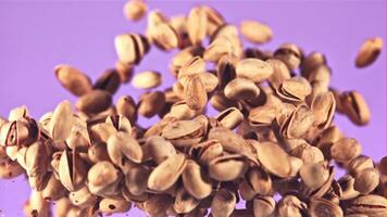 A pile of pistachios soars up and falls. On a purple background. Filmed on a high-speed camera at 1000 fps. video