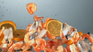 Shrimp with ice cubes and lemon slices fly up and fall. On a blue background. Filmed is slow motion 1000 fps. video