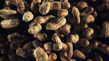 Peanuts in the shell rise up and fall down. Macro background. Top view. Filmed is slow motion 1000 fps. video