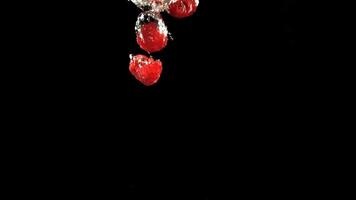Fresh raspberries fall underwater with bubbles. Filmed is slow motion 1000 fps. High quality FullHD footage video