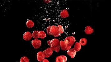 Fresh raspberries fall underwater with bubbles. Filmed is slow motion 1000 fps. High quality FullHD footage video