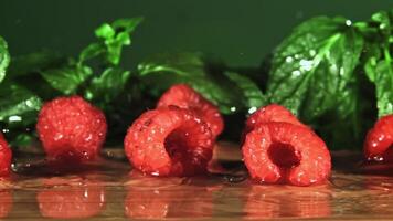 Rain dripping on berries with raspberries. Filmed is slow motion 1000 fps. High quality FullHD footage video