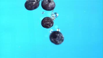 Fresh blueberry fall underwater with bubbles. Filmed is slow motion 1000 fps. High quality FullHD footage video