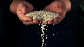 Uncooked rice falls from men's hands. On a black background. Filmed on a high-speed camera at 1000 fps. video