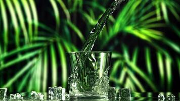 Water pours into the glass on the table with splashes. Against a background of green foliage. Filmed on a high-speed camera at 1000 fps. video