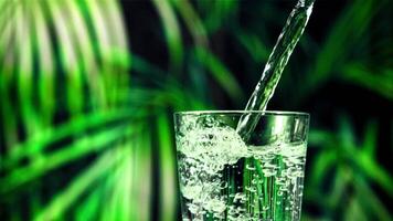 A stream of water pours into a glass with air bubbles. Against a backdrop of tropical foliage. Filmed on a high-speed camera at 1000 fps. video