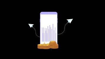 a phone with a stack of coins and a paper airplane, pie chart inside mobile concept animation with alpha channel video