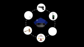 a police officer's hat, handcuffs, and other law related objects concept animation with alpha channel video