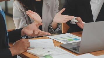 Finance manager meeting discussing company growth project success financial statistics, professional investor working start up project for strategy plan with document, laptop and digital tablet. video