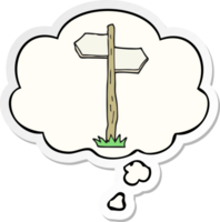 cartoon old direction sign with thought bubble as a printed sticker png