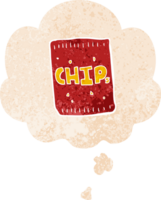 cartoon packet of chips with thought bubble in grunge distressed retro textured style png