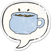 cartone animato caldo tazza di caffè con discorso bolla afflitto afflitto vecchio etichetta png