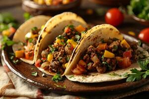 AI generated Mexican tacos with beef, tomatoes, onions and others on white background photo