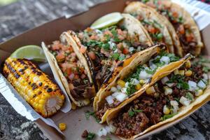 ai generado mexicano tacos con carne de res, Tomates, cebollas y otros en blanco antecedentes foto