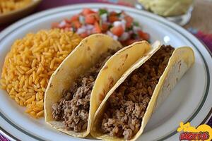 AI generated Mexican tacos with beef, tomatoes, onions and others on white background photo