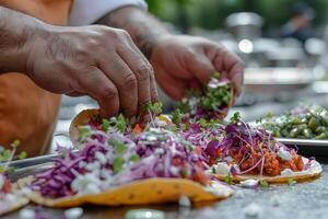 AI generated Mexican tacos with beef, tomatoes, onions and others on white background photo