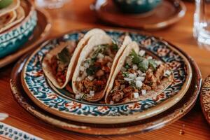 AI generated Mexican tacos with beef, tomatoes, onions and others on white background photo